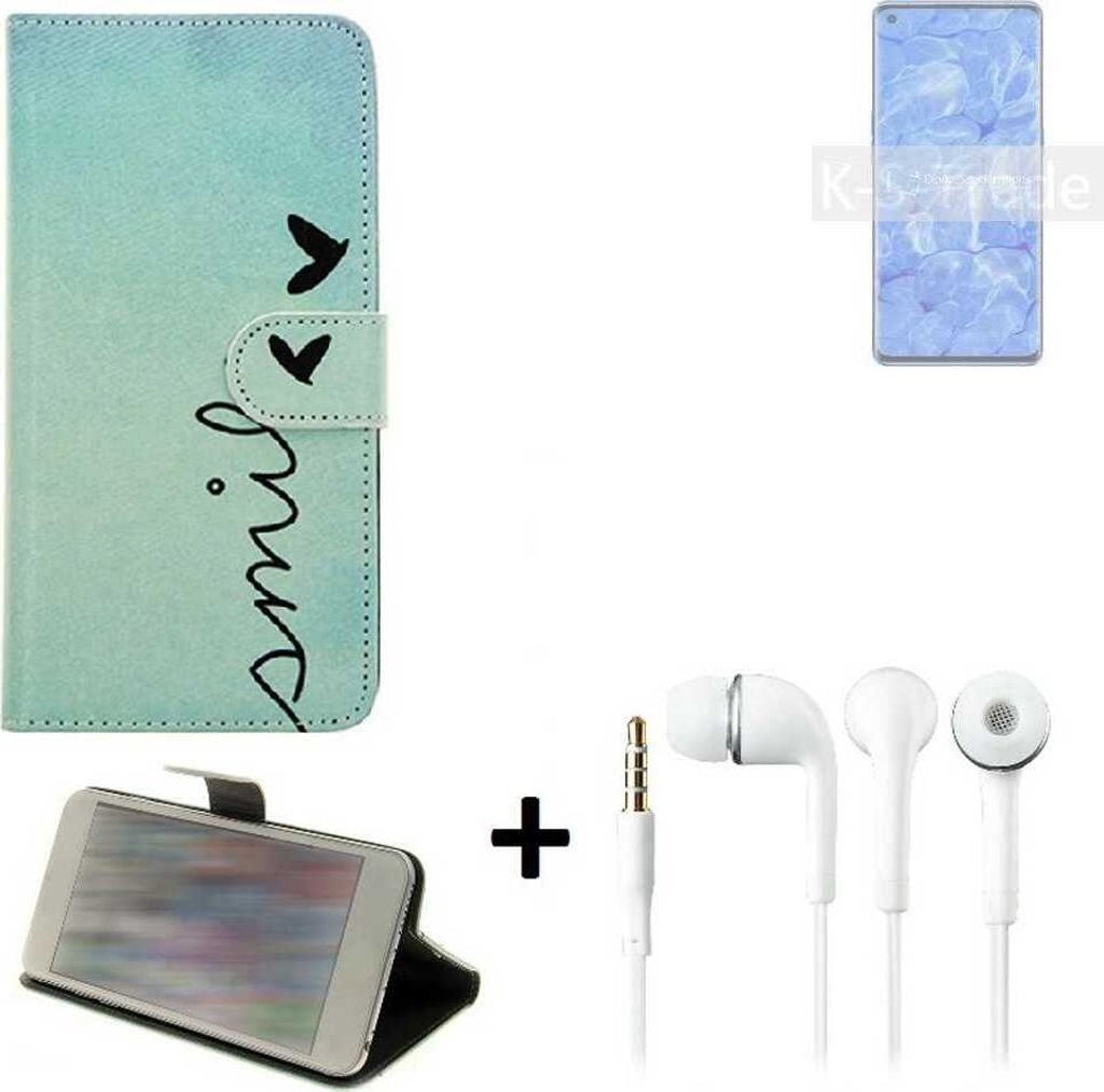 K-S-Trade Schutz Hülle Handy Hülle kompatibel mit Oppo Reno6 Pro 5G 360° Wallet Case Schutz Hülle ''smile'' inkl. Ohrstöpsel Smartphone cover