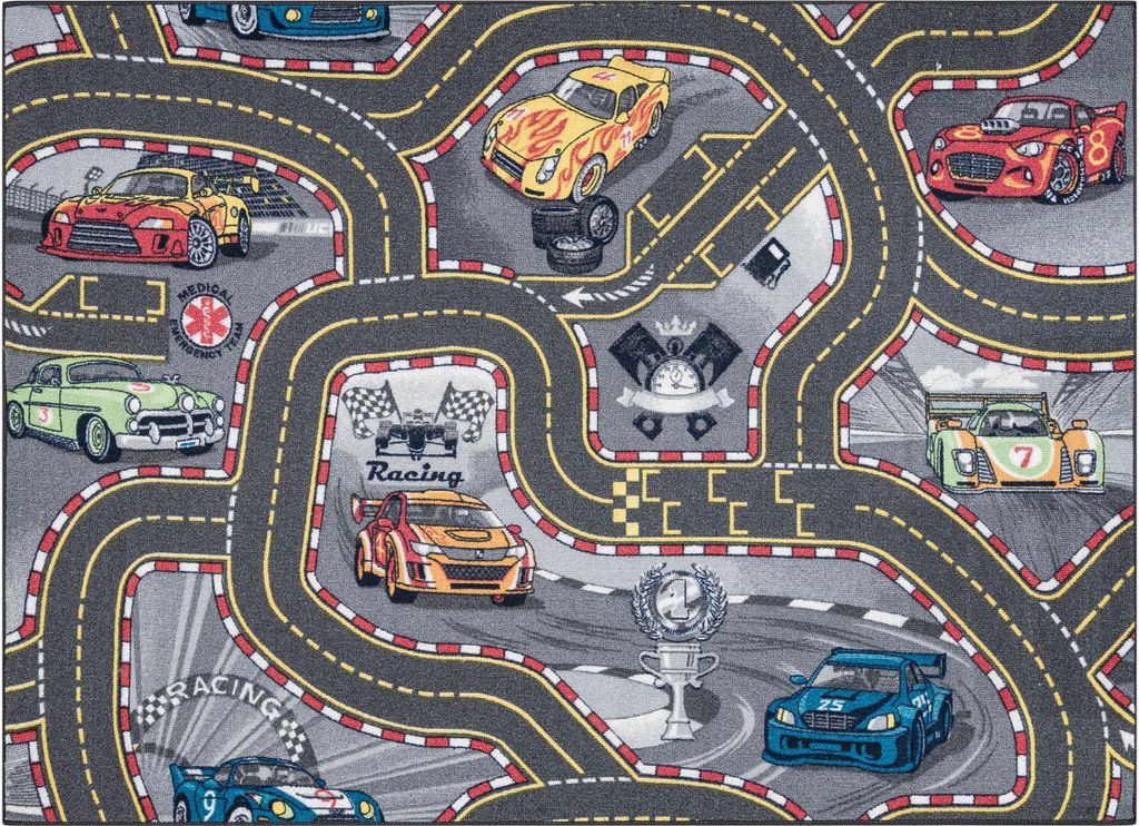 REBEL ROADS TEPPICH Racers 97 Straßen, Autos rutschfest für Kinder - grau Grau 95x200 cm