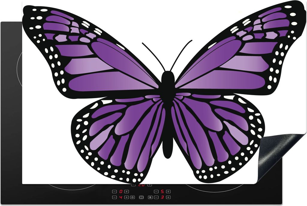 KitchenYeah Herdabdeckplatte Eine Illustration eines lila Schmetterlings auf weißem Hintergrund , 81x52cm, Küche Deko, Glaskeramikfeld Herdabde...
