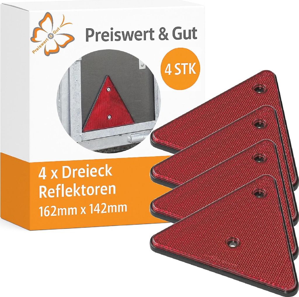 4x Dreiecksreflektoren 162x142mm Rot Rückleuchten Rückstrahler Bohrung 6mm Dreieck Anhänger Beleuchtung Reflektoren