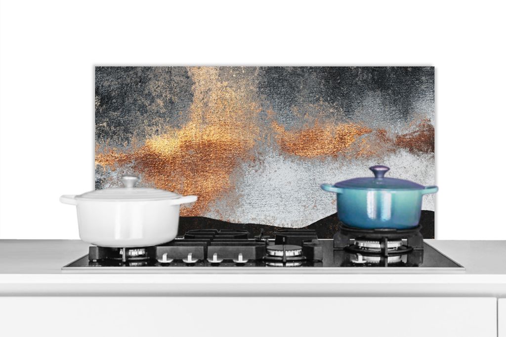 KitchenYeah Spritzschutz Küche - Küchenrückwand - Wandschutz für Herd und Spüle - Abstrakt - Gold - Chic - Schwarz - Grau 80x40 - Alu-Dibond...