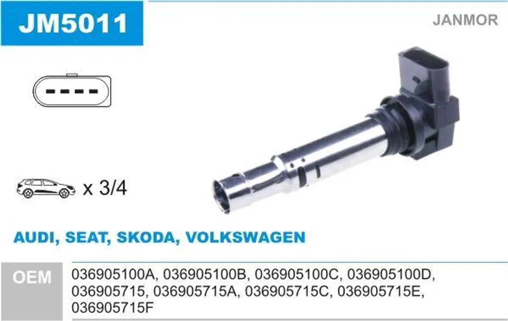 JANMOR JM5011 Bobina di accensione OE 036905715 compatibile con Touran, Tiguan, Scirocco, Polo 6R, Polo 9N, Passat 3C, New Beetle, Lupo, Jetta, Golf VI, Golf V, Golf Plus, Golf IV, EOS, Caddy, Bora, Superb, Roomster, Octavia, Fabia, Toledo, Leon, Ibiza, Cordoba, Altea XL, Altea, A3 8P, A2