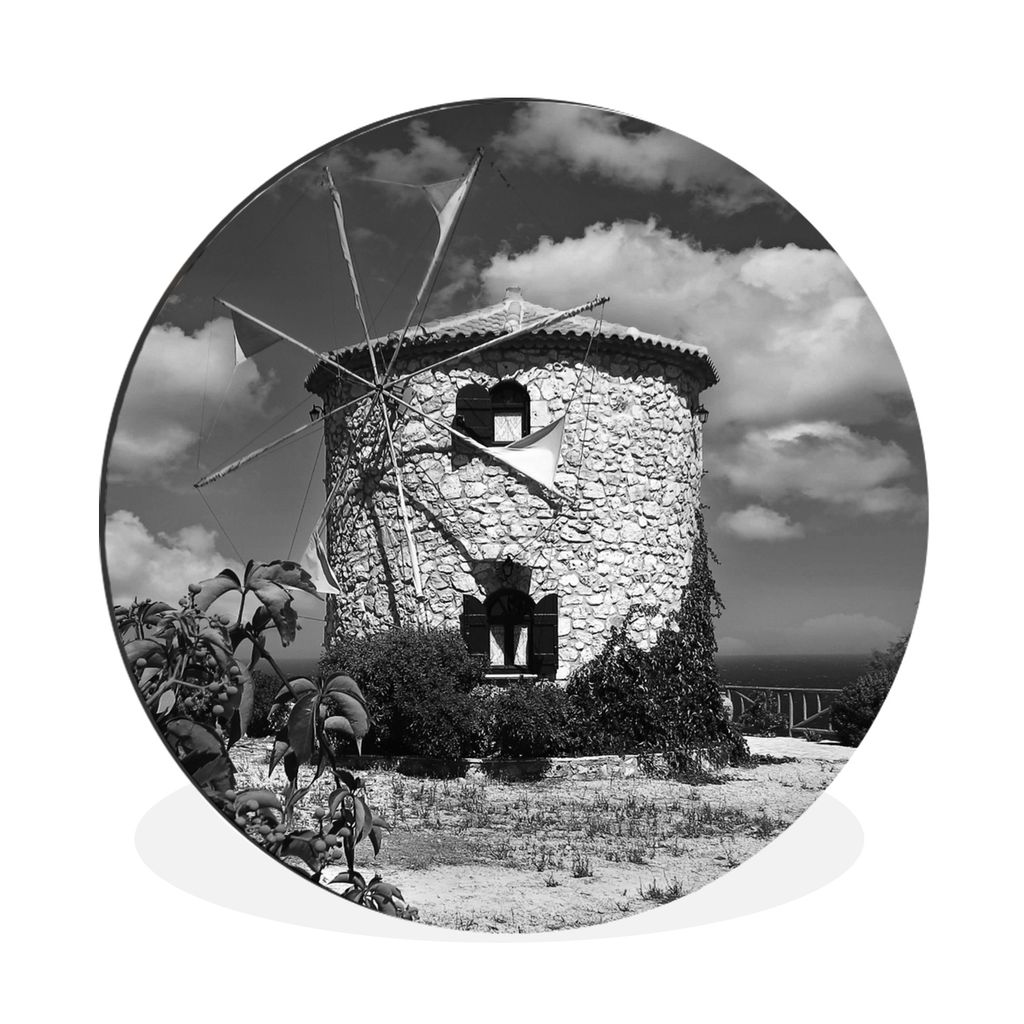 MuchoWow Aluminium Wandkreis Zakynthos - Windmühle - Schwarz - Weiß Ø 90 cm Wanddeko Modern Wohnzimmer - Mauerkreis - Wandbilder - Runde Bild ...