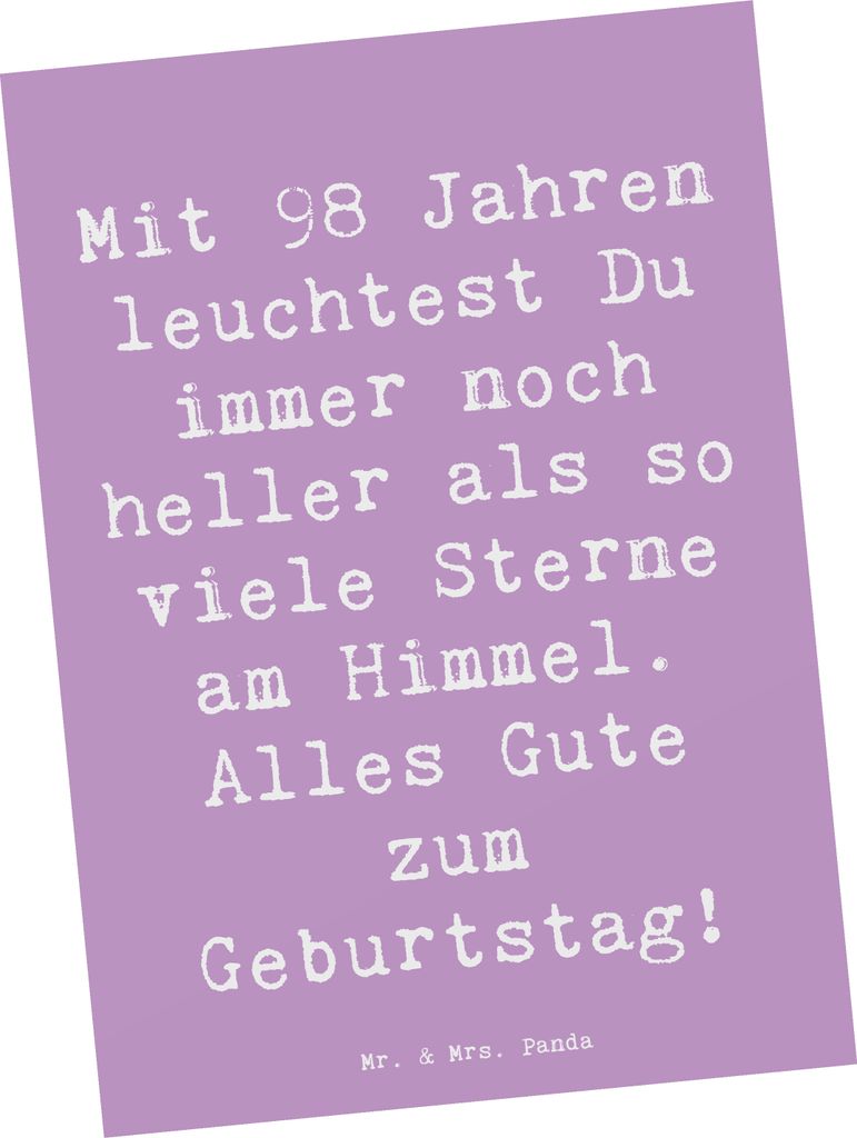 Mr. & Mrs. Panda Postkarte Spruch 98. Geburtstag Leuchten - Lavendeltraum - Geschenk, liebevolle Geschenke, Glückwunsch, Geburtstagsfeier, Opa, bi...