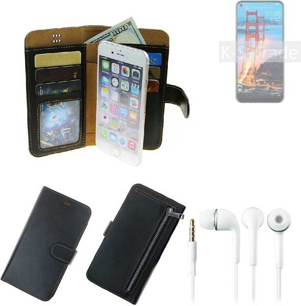 TOP SET Handy Hülle Schutz Hülle kompatibel mit ZTE Blade V2020 schwarz aus Kunstleder + Kopfhörer Smartphone Tasche vollwertige Geldbörse