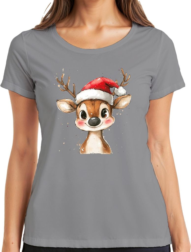 Rentier Weihnachten Aquarell süß Kinder Geschenk Niedlich Vintage Damen T-Shirt, Grau, M