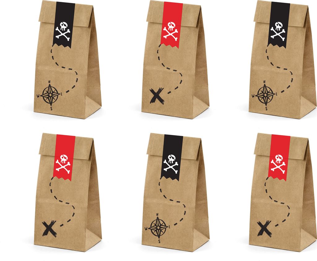 Papiertüten Piraten mit Totenkopf Aufklebern 6er Set natur Produktbild 