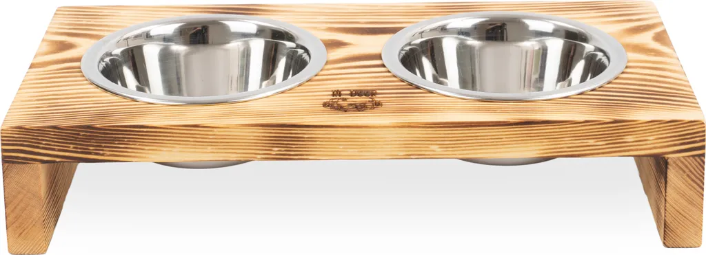 Station de repas 2 gamelles inox 35x18x7 cm en bois naturel surélevé