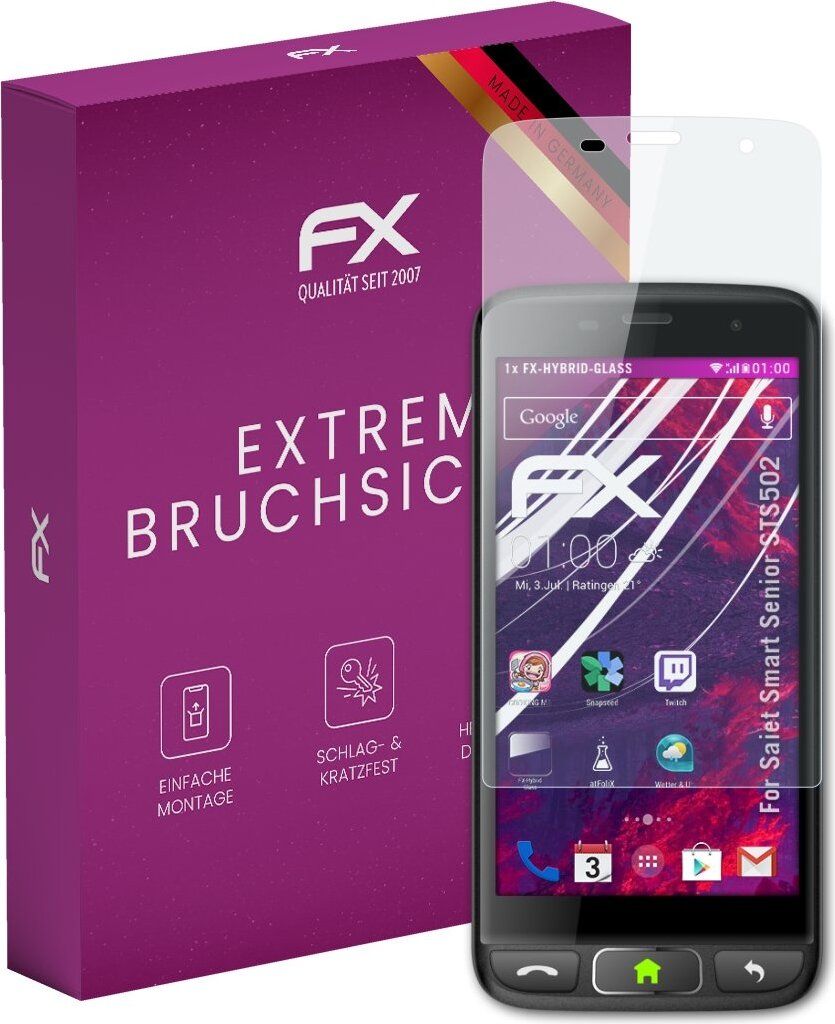 atFoliX FX-Hybrid-Glass Displayfolie kompatibel mit Saiet Smart Senior STS502 Glasfolie