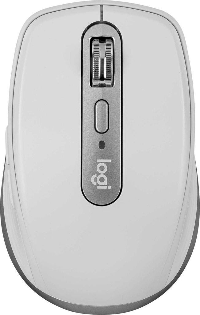 A top-down view of a white Logitech MX Anywhere 3 mouse.