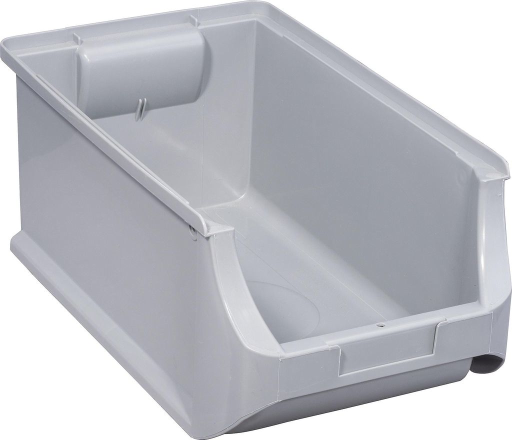 A light gray plastic storage bin is shown from a slightly elevated front-left angle against a white background.