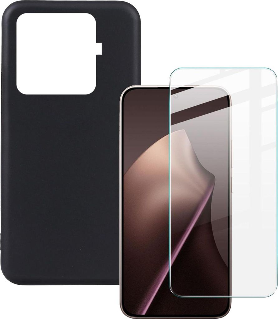 A black phone case, a smartphone, and a screen protector are arranged on a white background.