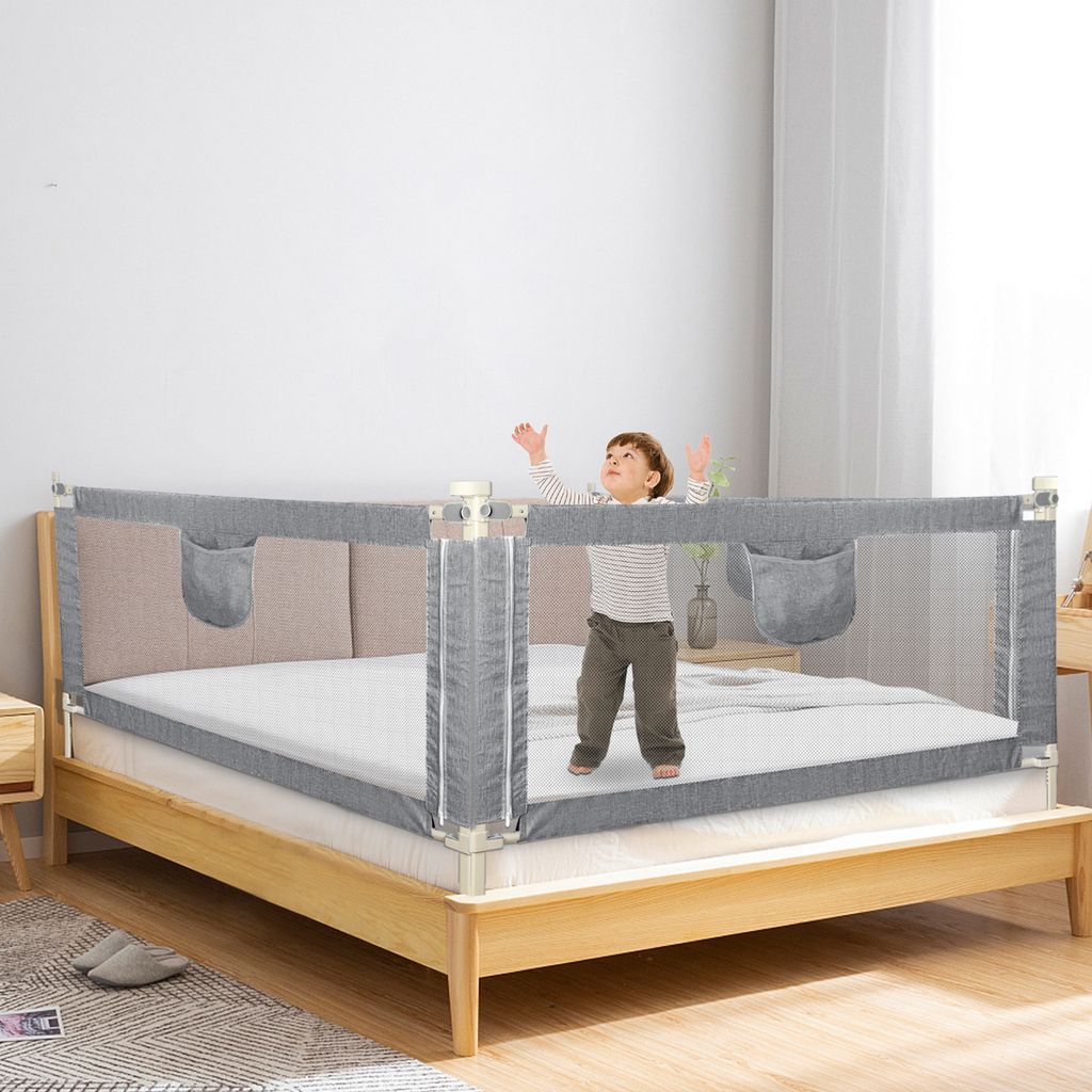 3x Baby Bettgitter 180cm,Kinder Bettschutzgitter Höhenverstellbar Rausfallschutz Bett für Familienbett Und Kinderbett Leinen Grau