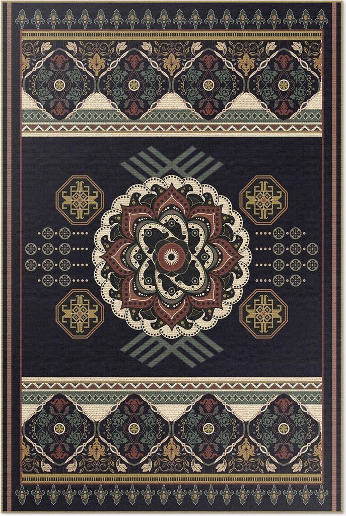 Bunte Ornamente Schwarz – Vinylteppich – 140x210 cm – Indoor Teppich – Flur – Pflegeleicht – Modern