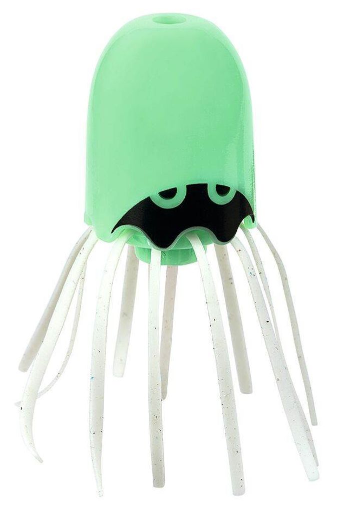 A glow-in-the-dark jellyfish toy with a black bat-like face and white tentacles, set against a white background.