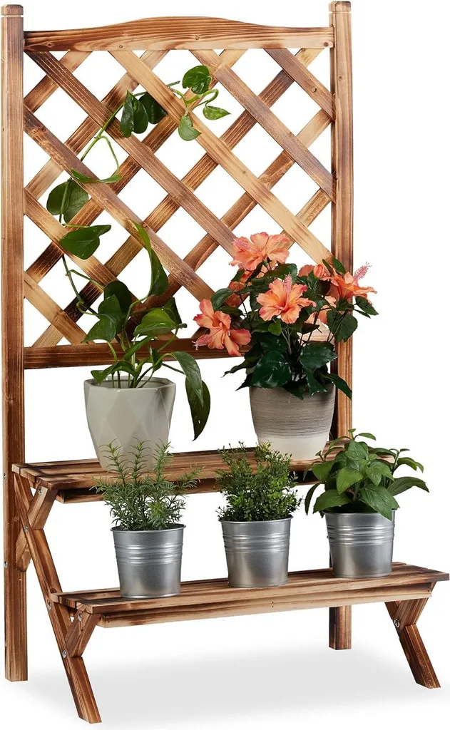 Étagère pour plantes en bois flammé avec support grimpant - 109x61x40cm