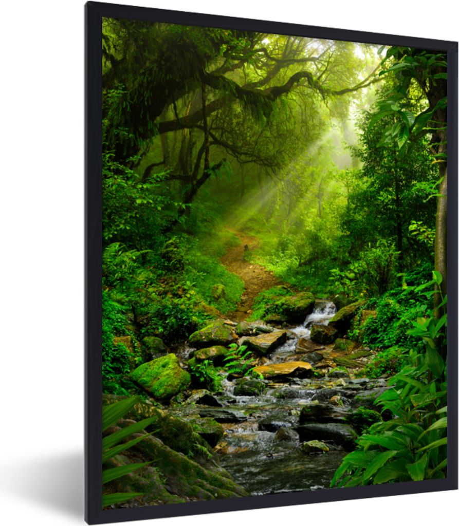 MuchoWow Gerahmtes Poster Dschungel - Wasser - Laub - Sonne - Natur 60x80 cm - Poster mit Schwarzem Bilderrahmen Wandposter Rahmen Foto Bilder - ...