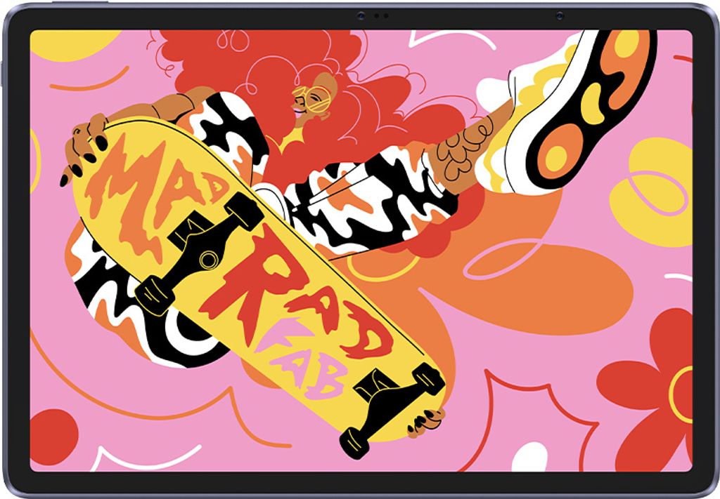Illustration of a person holding a skateboard with text on it, against a colorful background.