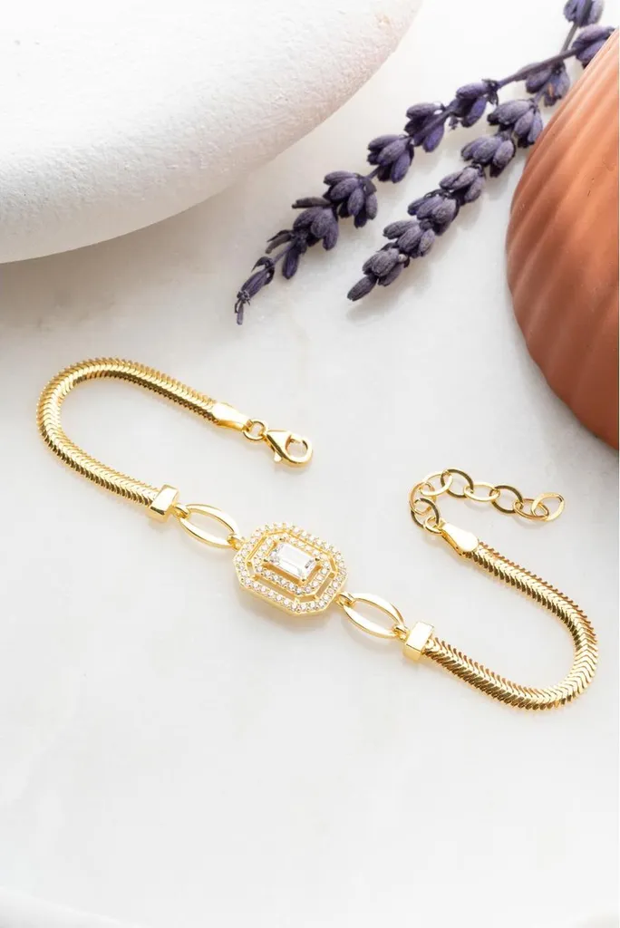 Bracelet Femme Chic pour Mariage en Argent 925 Doré et Zircone Baguette