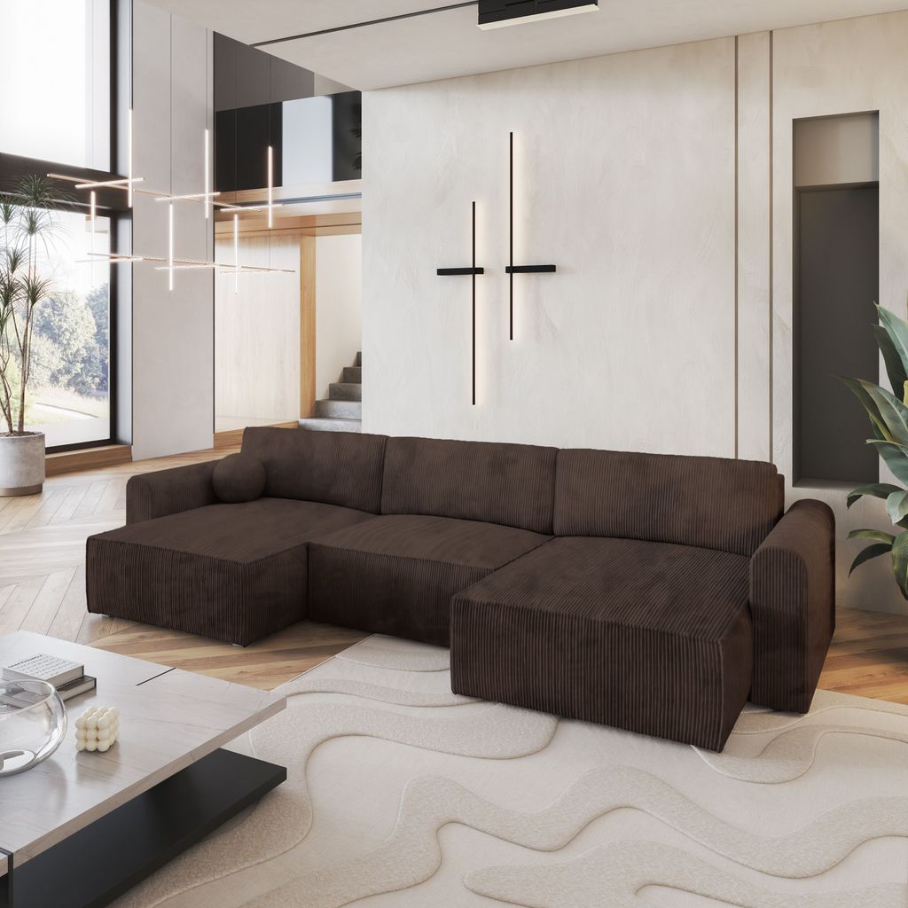Masseno Ecksofa FENTO P mit Schlaffunktion U-Form, Sofa mit Bettkasten, Wohnzimmersofa, Couch, Soffa, Bettsofa, Couchgarnitur- Braun, POSO 06
