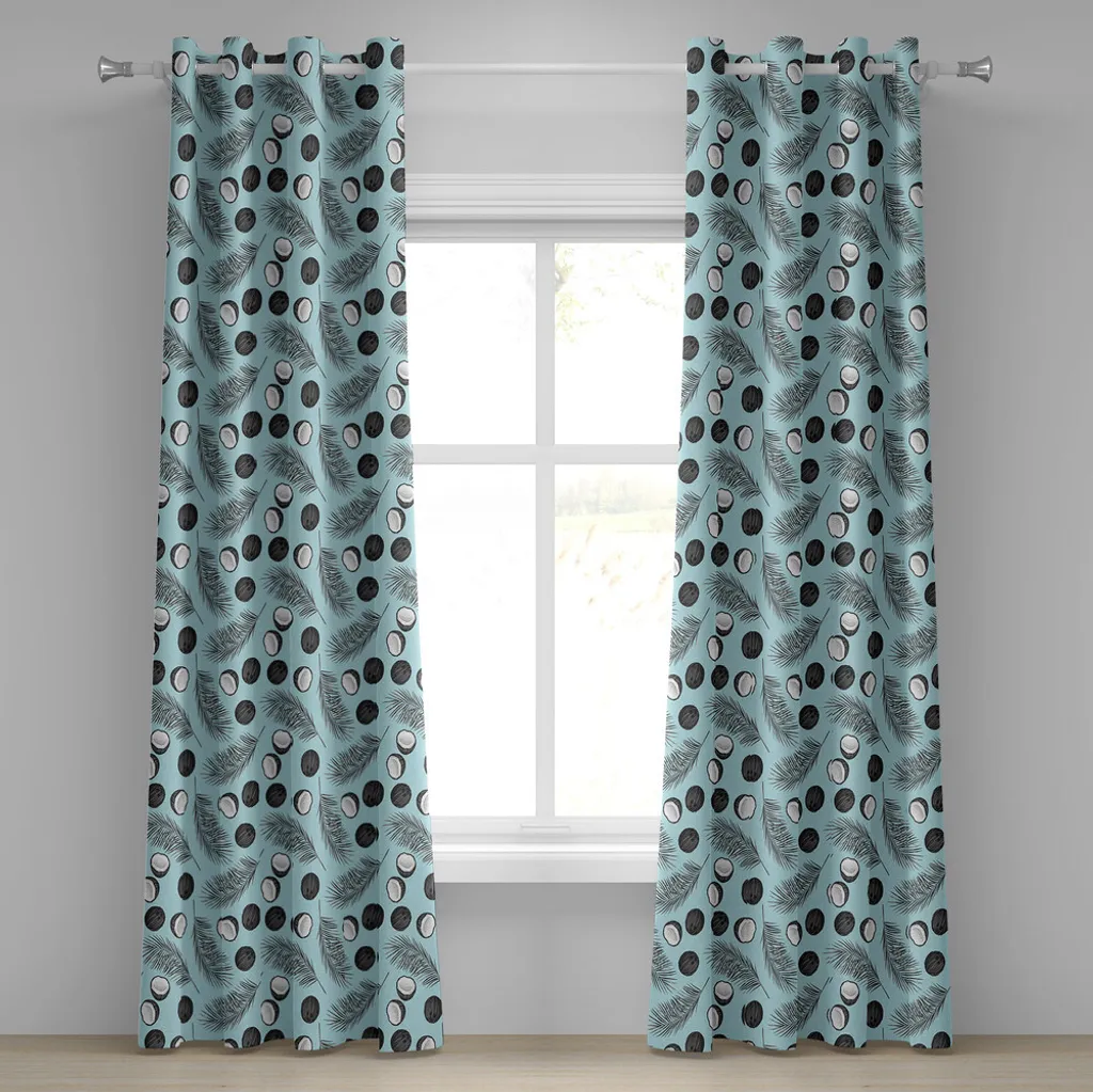ABAKUHAUS Tenda con occhielli in foglia di palma, motivo tropicale hawaiano con noci di cocco e illustrazione di rami di palma, tende decorative a 2 pannelli per finestre, 280 cm x 245 cm, acquamarina, nero e bianco