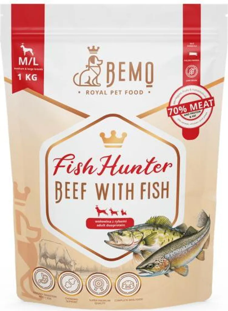 Alimentation Chien BEMO Fish Hunter Bœuf et Poisson 1kg Taille M/L