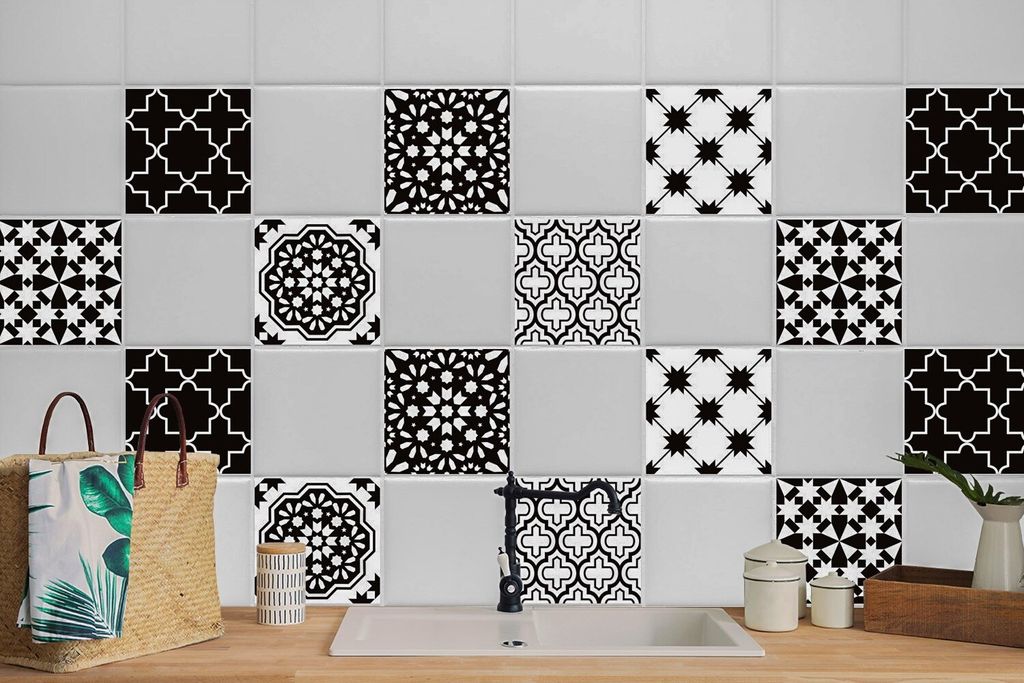 24 Stück Laminierter Klebefolienset Wandfliesen für Küche Bad Aufkleber Weiß und Schwarz 20 x 20 cm