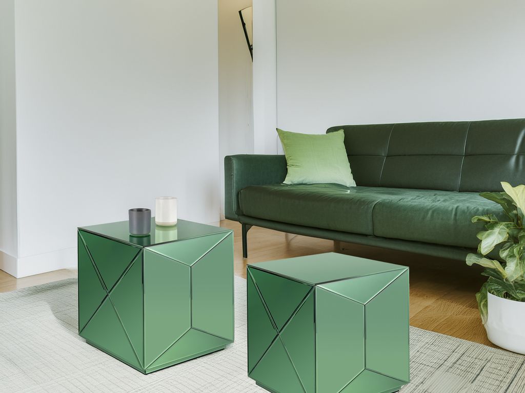 Couchtisch 2 teilig, Beistelltisch Würfel für Sofa, Nachttische verspiegelt Grün