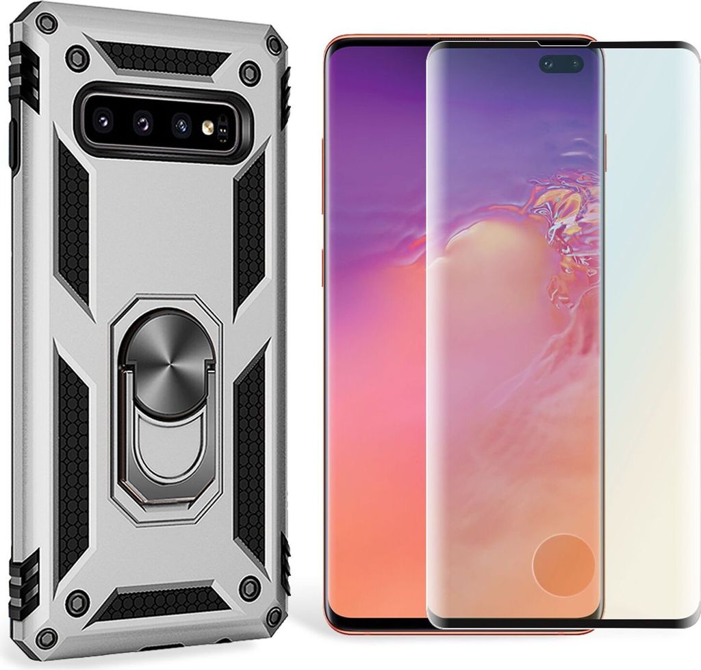 NALIA Ring Handy Hülle für Samsung Galaxy S10 Plus, Case Display Schutz Glas Silber
