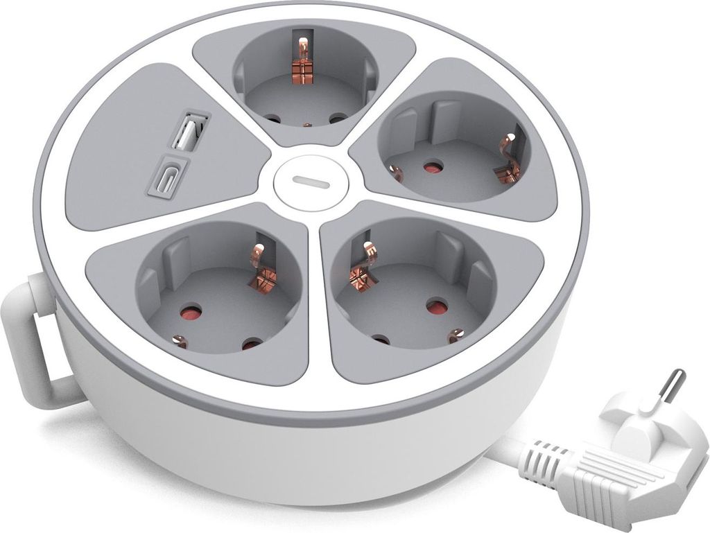 Runde Steckdosenleiste 4x Schuko-Steckdosen 2m USB-A & USB-C mit Schalter Plastrol