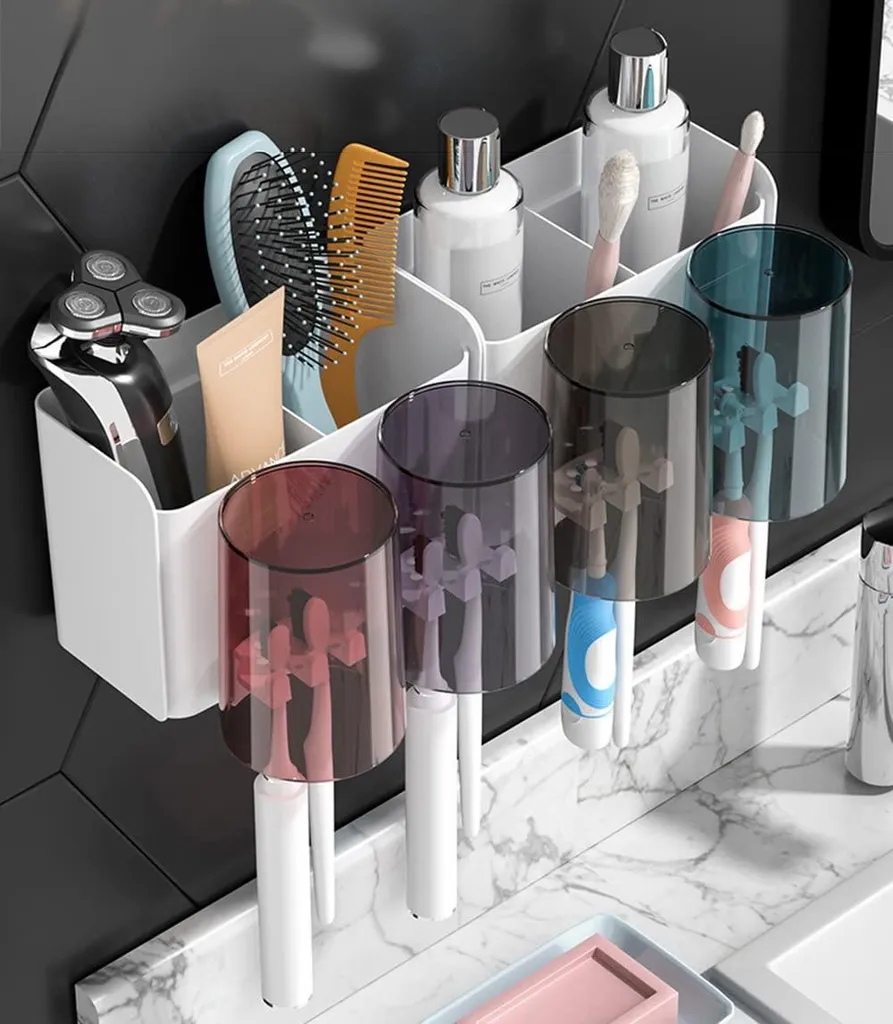 Support brosse à dents sans perçage pour famille avec 4 gobelets