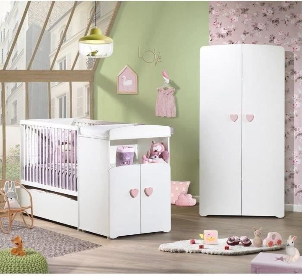 Babybett Kombi, Umbaubar, BABY PRICE Basic, Weiß, Herzknopf Rosa, 60 x 120 cm