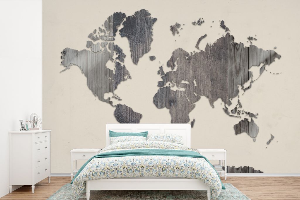MuchoWow Fototapete für Wohnzimmer oder Schlafzimmer Wandtapete Vinyl Motivtapete Weltkarte - Holz - Grau - 525x350 cm - Das Hintergrundbild