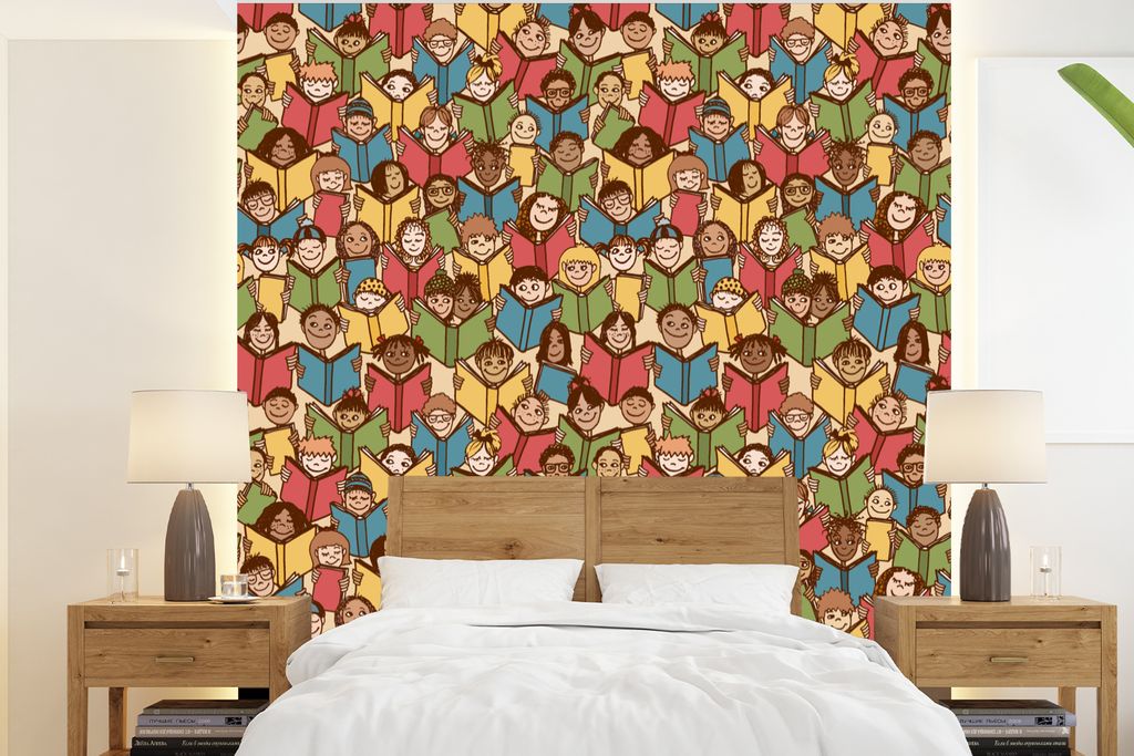 MuchoWow Fototapete für Wohnzimmer oder Schlafzimmer Wandtapete Vinyl Motivtapete Muster - Buch - Jungen - Lesen - Kinder - Kleiner Junge - 200x...
