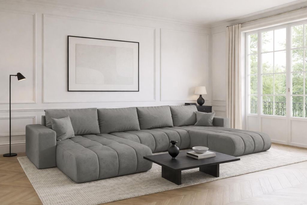 Kaiser Möbel Ecksofa mit schlaffunktion und bettkasten MILO U PREMIUM, stoff MONOLITH, Hellgrau