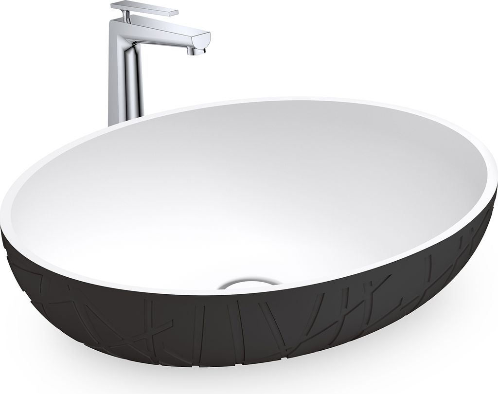 Aufsatzwaschbecken LEO - Mineralguss matt - Oval - 50 x 40 x 12 cm, Farbe:Schwarz / Weiß matt, Ablaufgarnitur wählbar:Mit Ablaufgarnitur