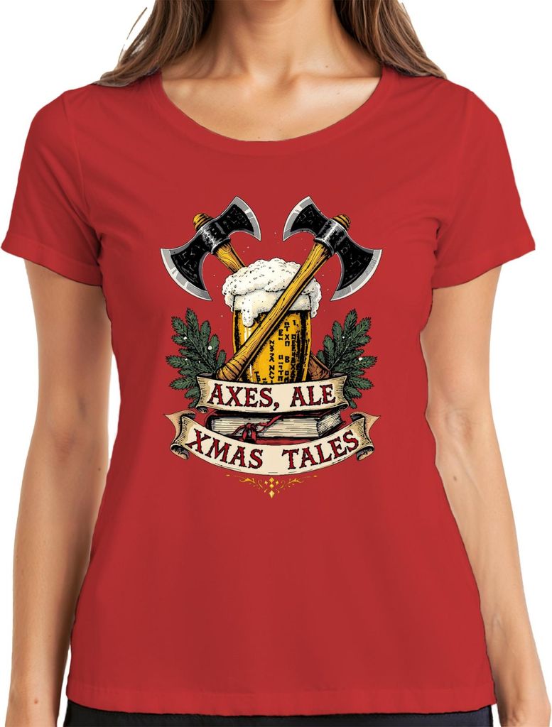 Axes Ale Xmas Tales Wikinger Axt Bier Weihnachten Vintage Damen T-Shirt, Rot, S