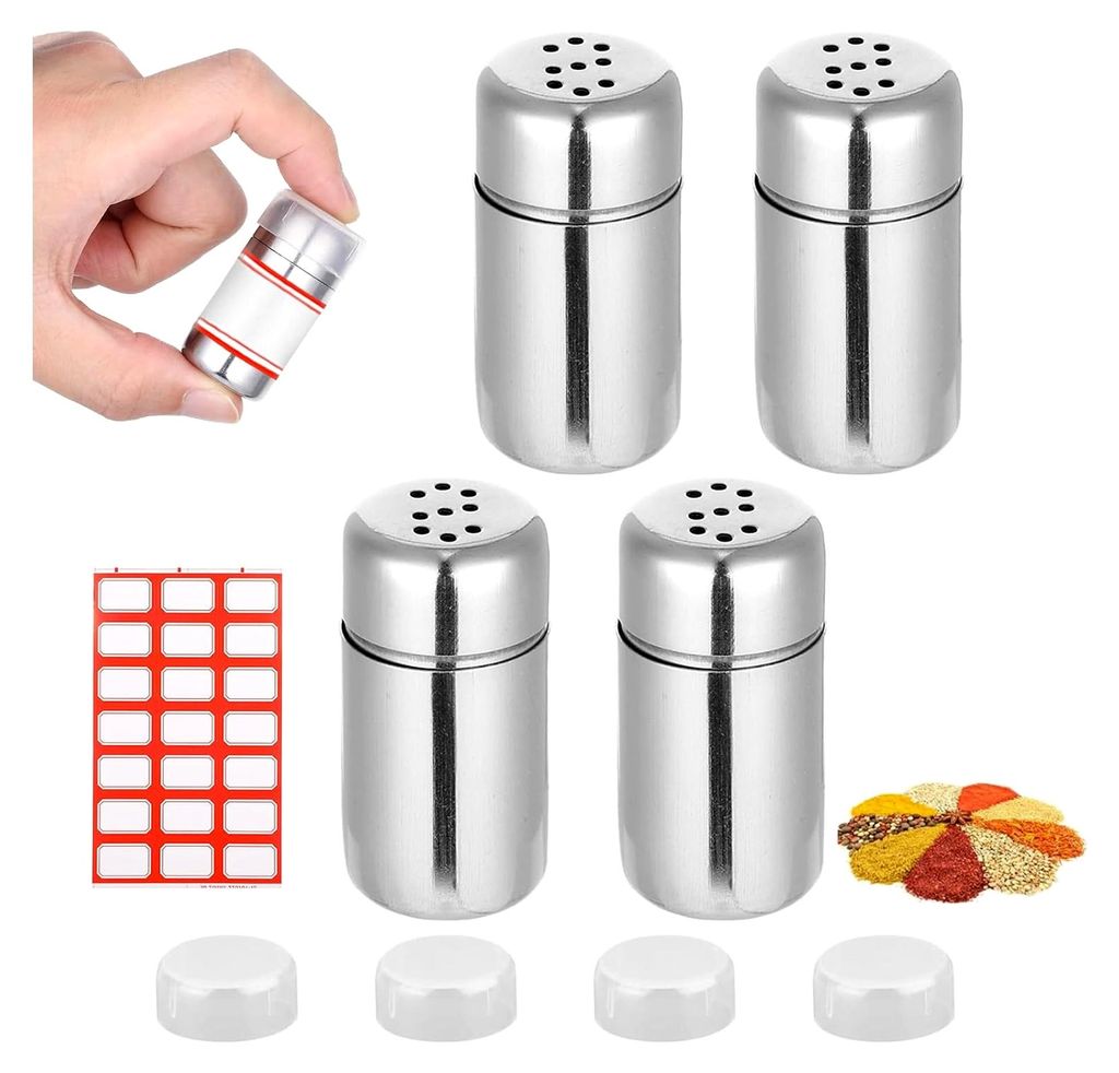 4 Stück Mini Salzstreuer für unterwegs, 15 ml Edelstahl Salzstreuer klein mit Deckel, Mini Gewürzstreuer für Camping, geeignet für Küchen, Re...