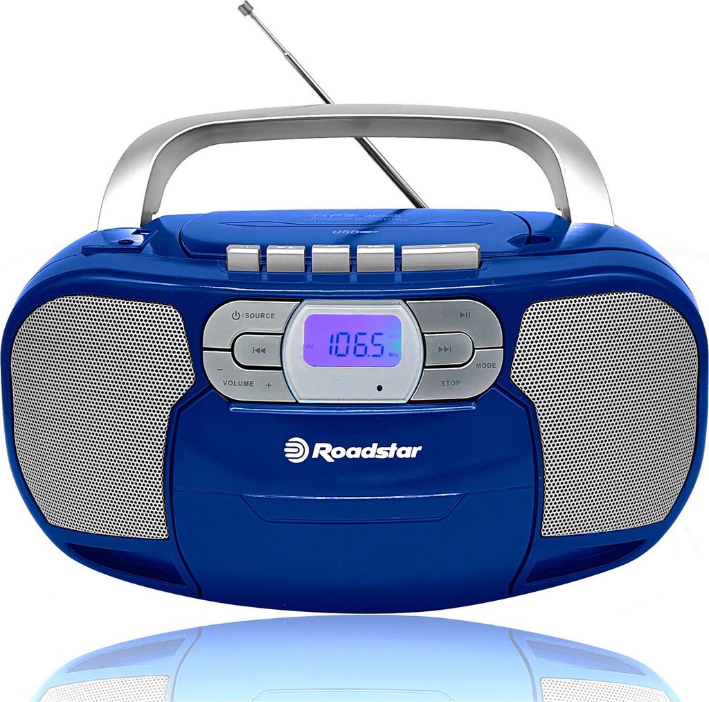 A blue Roadstar boombox with a silver handle is shown against a white background.