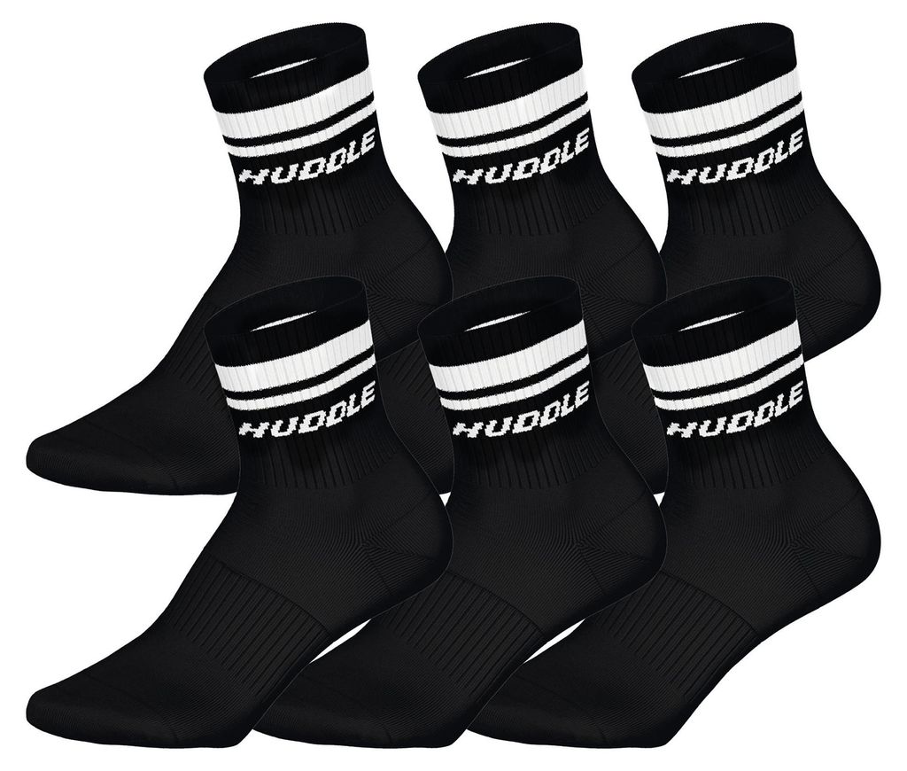 HUDDLE Uni Socken, 6er Pack - Doppelstreifen, Logo, Short Crew, Sportsocken, einfarbig Schwarz 39-42