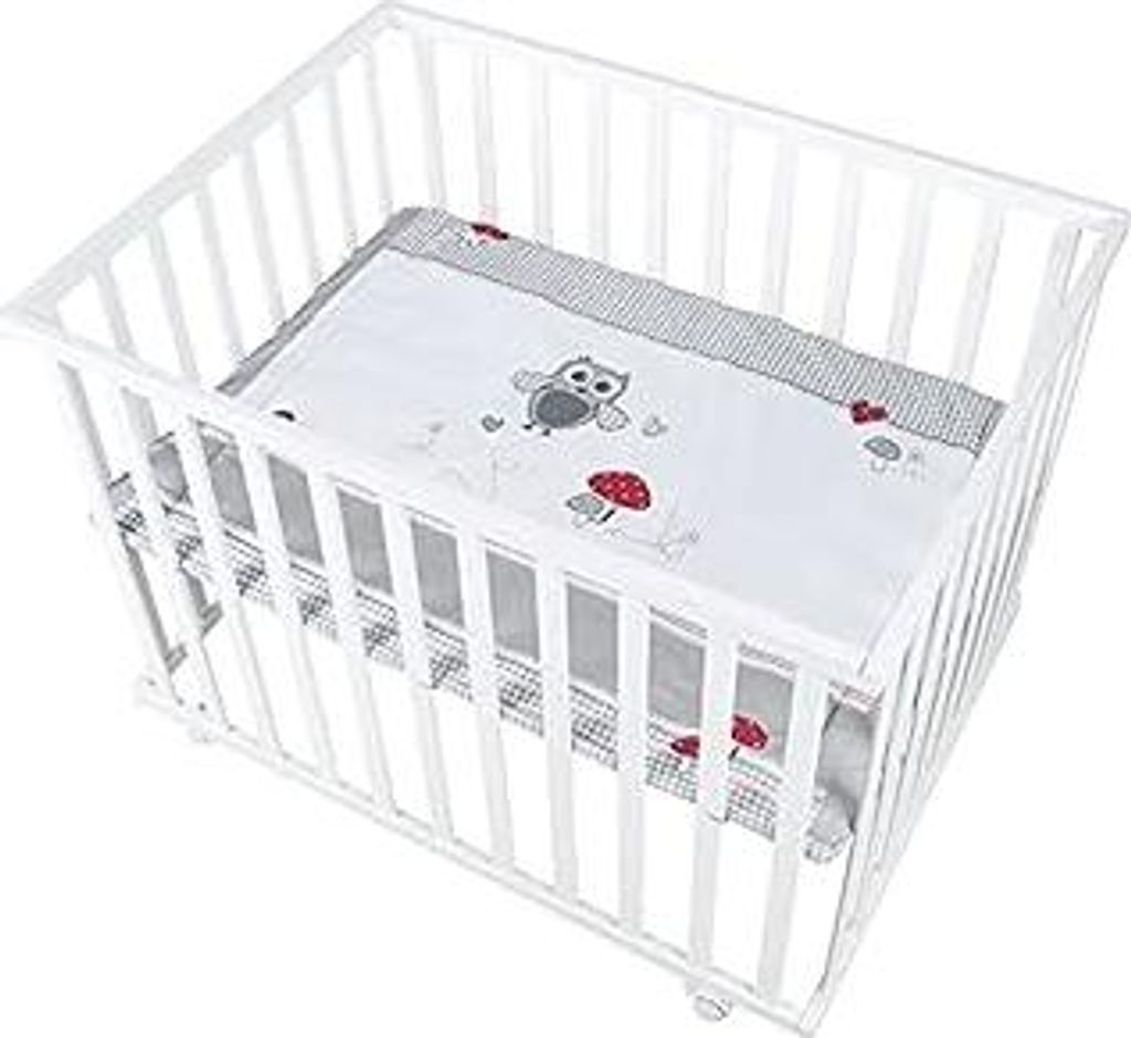 roba Laufgitter Adam & Eule 75 x 100 cm - Laufstall inkl. Schutzeinlage mit Tiermotiv - Mobiles Krabbelgitter mit Rollen - Holz weiß