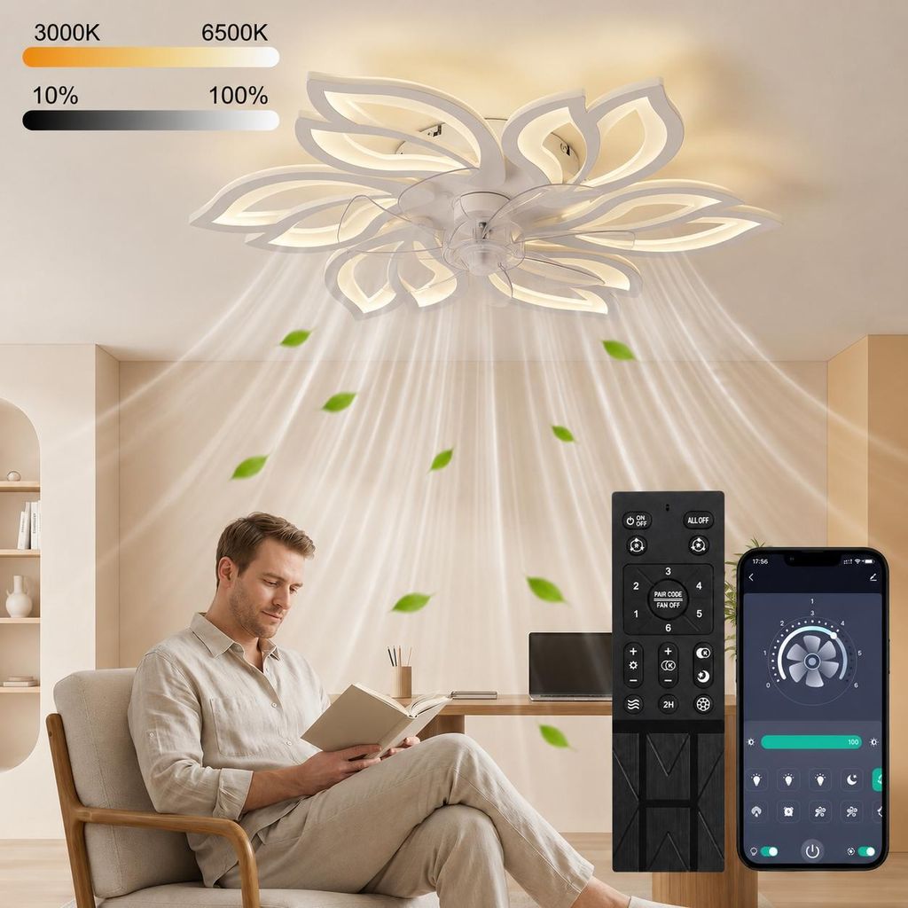 65cm, Weiß LED Deckenleuchte mit Ventilator, Dimmbar, Produktbild 