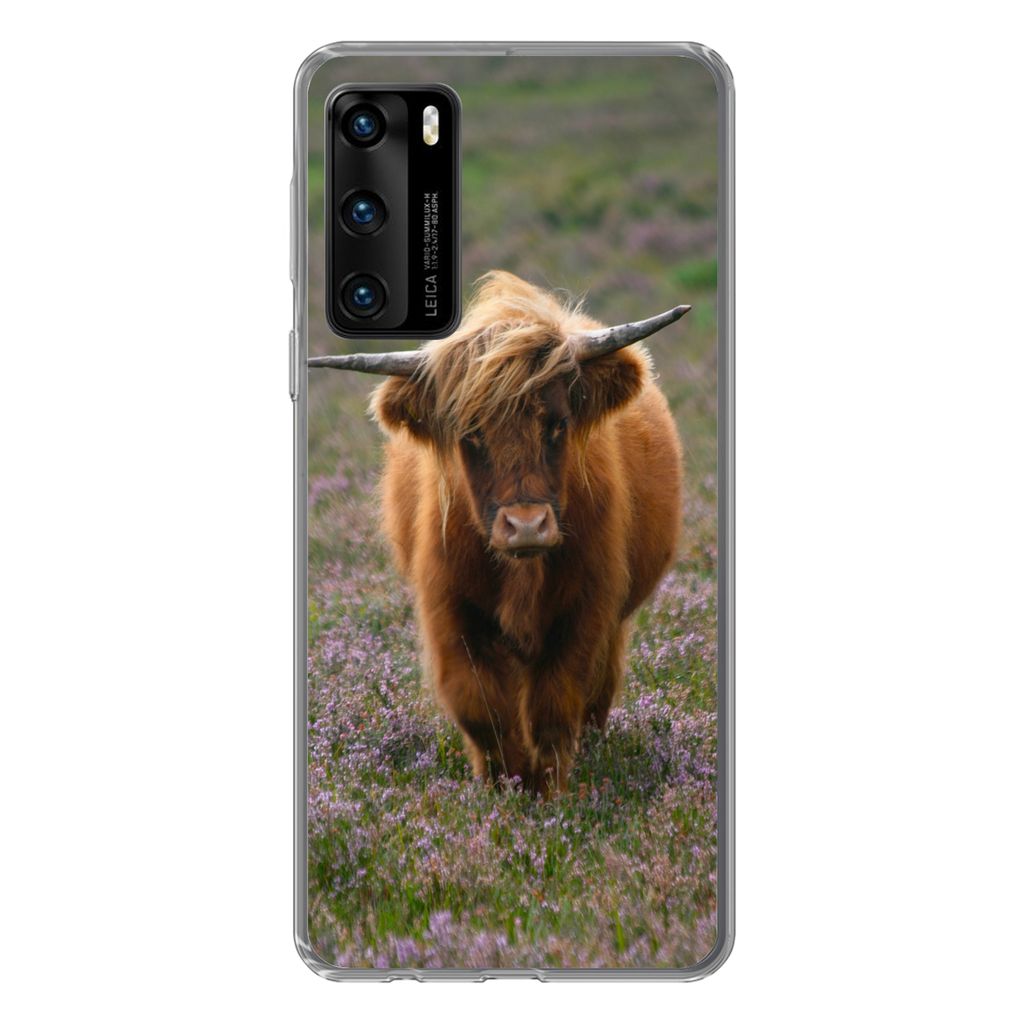 MuchoWow Handyhülle Schutzhülle Hülle für Huawei P40 Schottische Hochlandbewohner - Heidelandschaft - Tiere Silikon Softcase Handy Hülle - H...