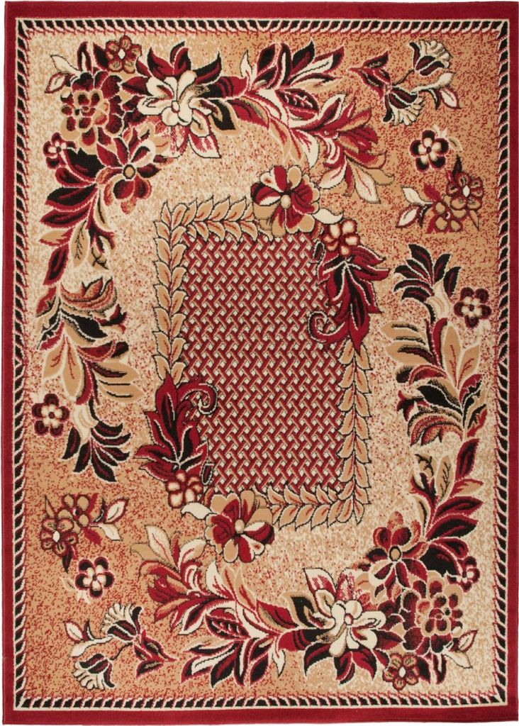 A top-down view of a rectangular rug with a floral pattern.