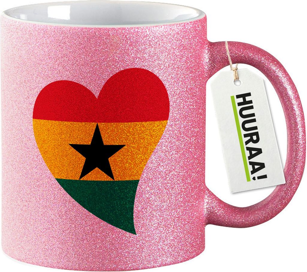 Huuraa Glitzertasse Ghana Flagge Herz 330ml Pink Keramik Kaffeebecher Geschenkidee