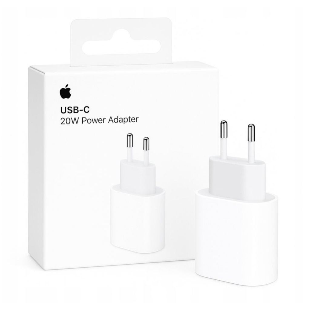 A white Apple 20W USB-C power adapter and its packaging.