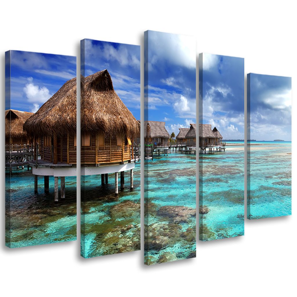 5-teiliges leinwandbild tropischer strand 200x100 cm Feeby blau wandbild bereit zum aufhängen