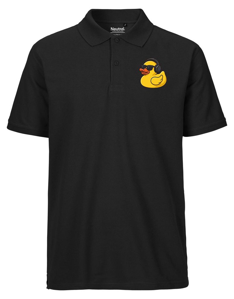 Huuraa Herren Polo Shirt Quietscheente DJ Gummiente Club-DJ S Black Bio Baumwolle Fairtrade Poloshirt Geschenkidee