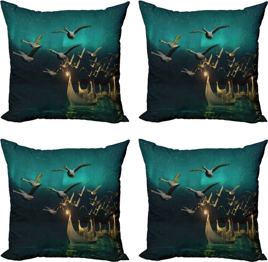 ABAKUHAUS Fantasie Kissenbezug Set (4 Stück), Elf Boote Vögel Swans, Moderner Doppelseitiger Digitaldruck, 60 cm x 60 cm, Sand Braun Dunkelrot Teal