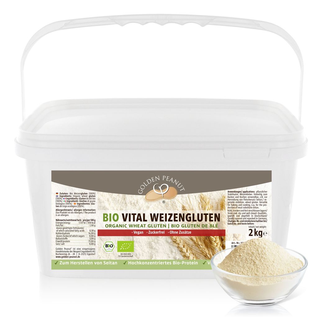 GOLDEN PEANUT Vital Weizengluten BIO 2 kg - natürliches Verdickungsmittel, veganes Weizeneiweiß, Seitan, Speisestärke zum Backen und Kochen